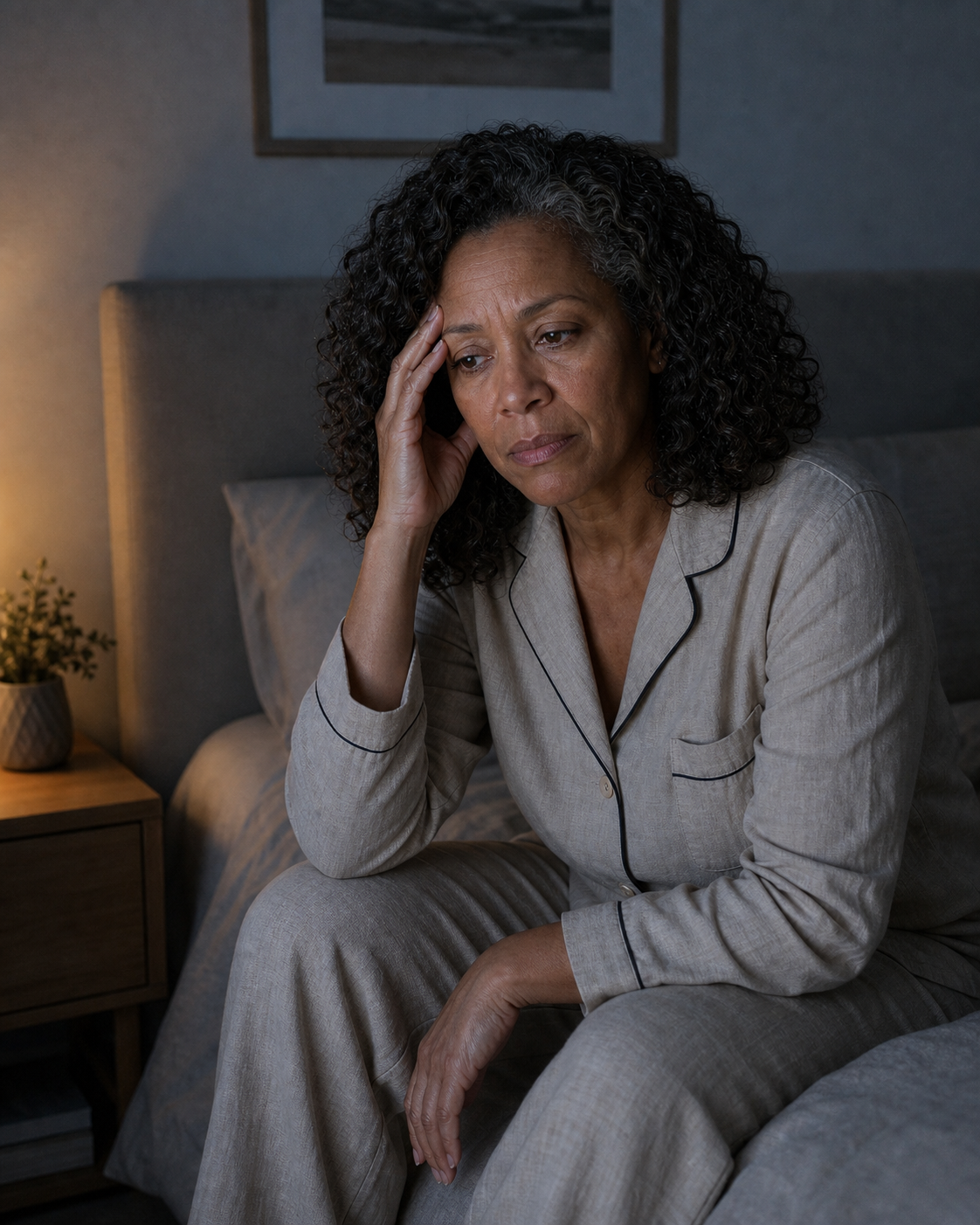 Menopausal woman in white nightgown sitting on the edge of her bed at 3 AM, head in hand, unable to sleep — the 3 AM cortisol-magnesium wake-up cycle