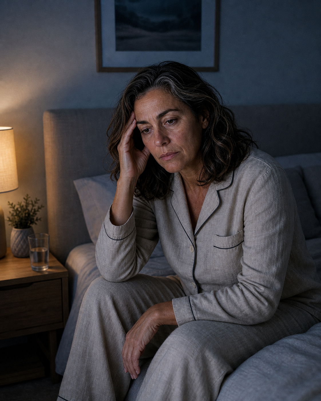 Menopausal woman in white nightgown sitting on the edge of her bed at 3 AM, head in hand, unable to sleep — the 3 AM cortisol-magnesium wake-up cycle