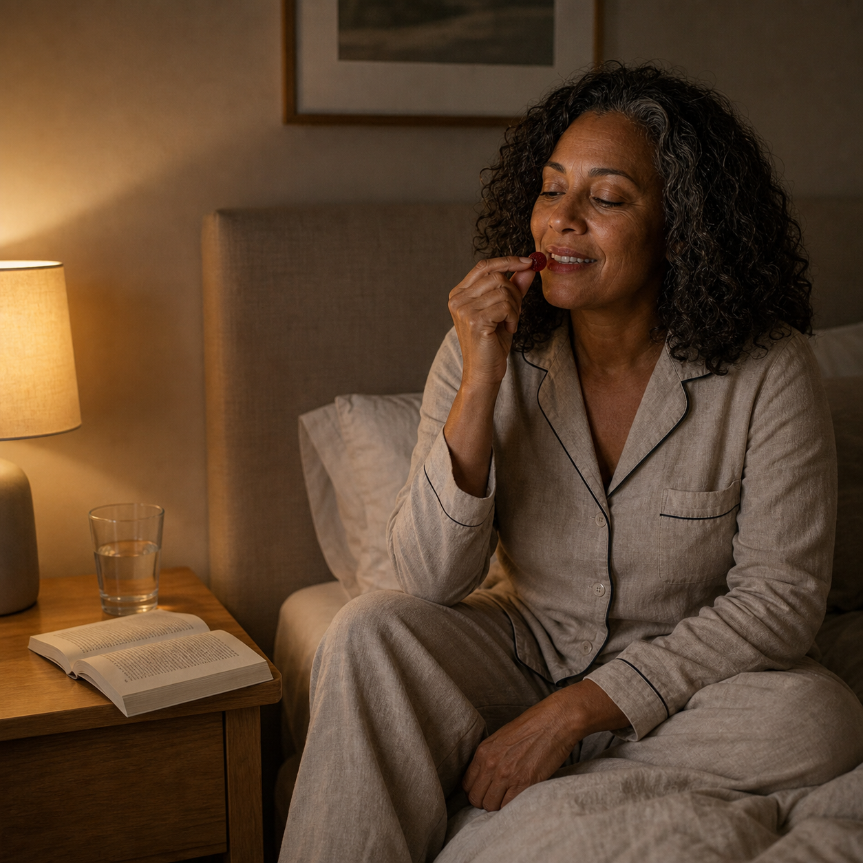 Woman taking the Root Labs gummy at 10:30 PM as part of her nightly ritual
