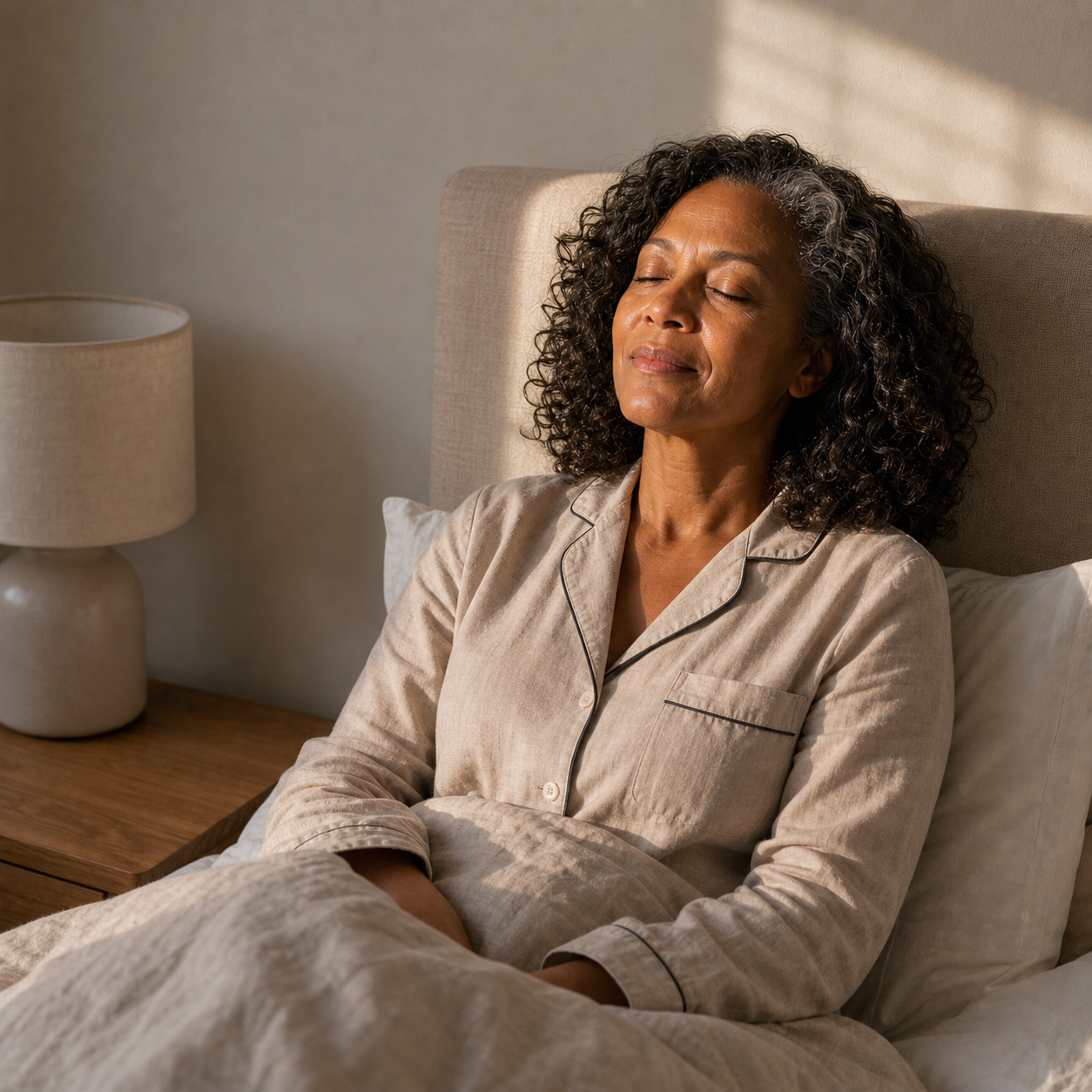 Woman waking up rested at 7:30 AM in warm morning sunlight