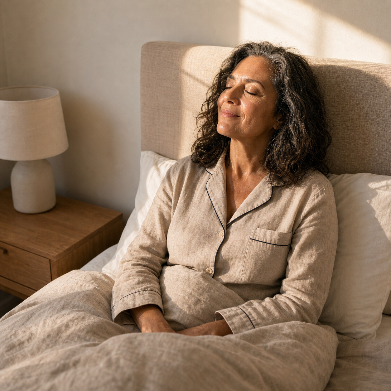 Woman waking up rested at 7:30 AM in warm morning sunlight