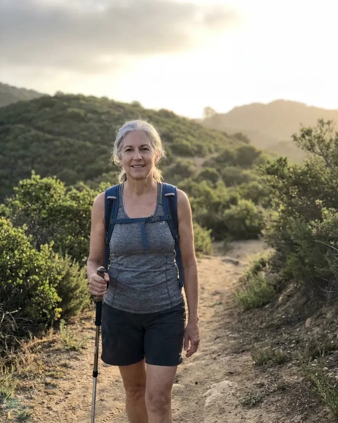 A woman in her sixties on a mountain ridge trail at golden hour, daypack on, looking out over the valley