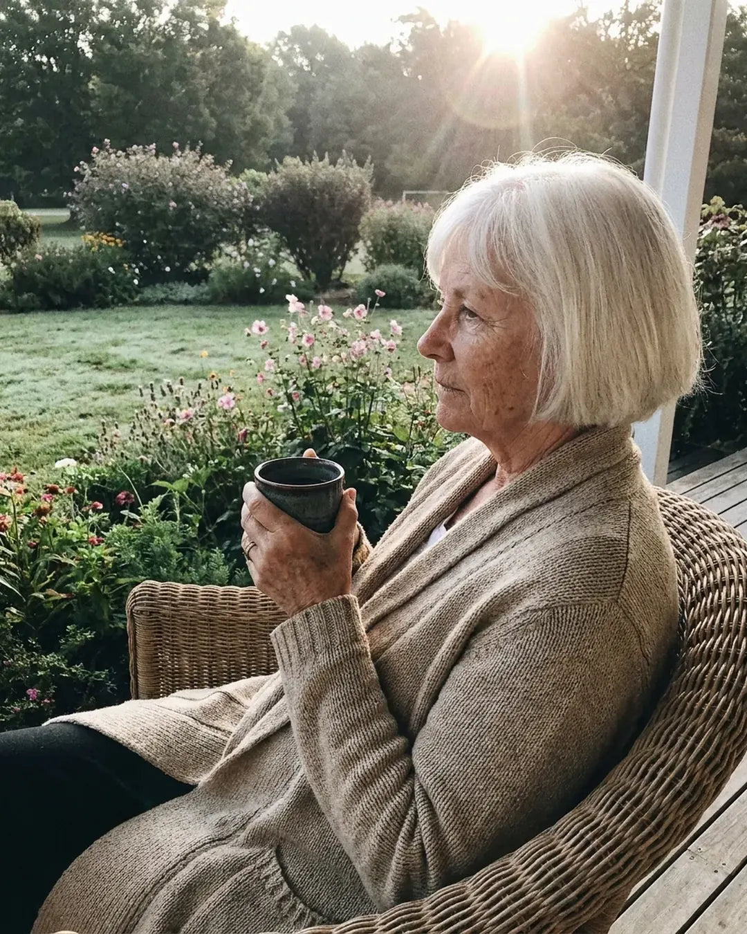 A woman in her sixties on a porch at sunrise with a mug of coffee, a blanket over her lap
