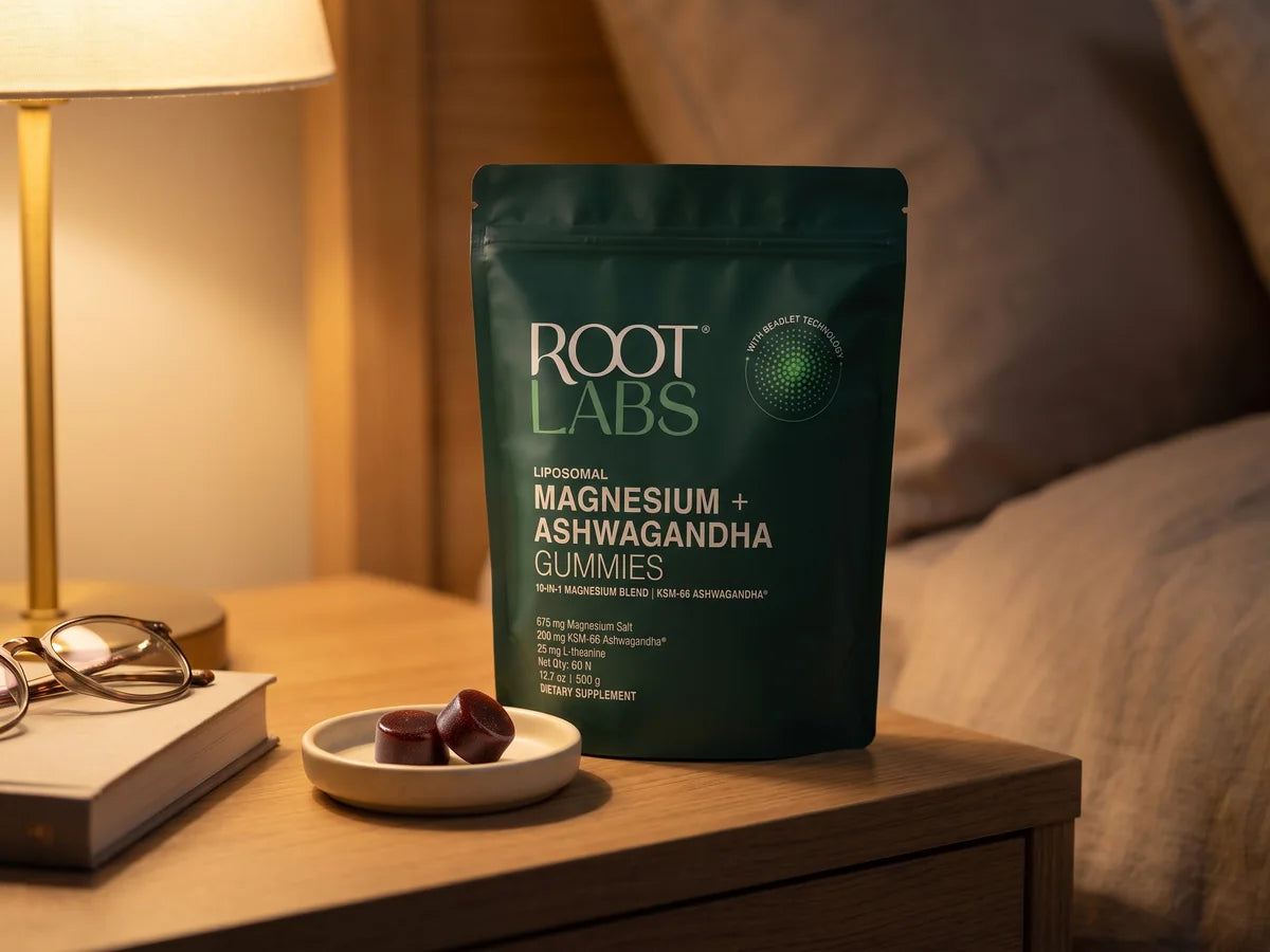 Root Labs Magnesium and Ashwagandha Sleep Gummies on a warm bedside nightstand, two berry gummies in a small dish