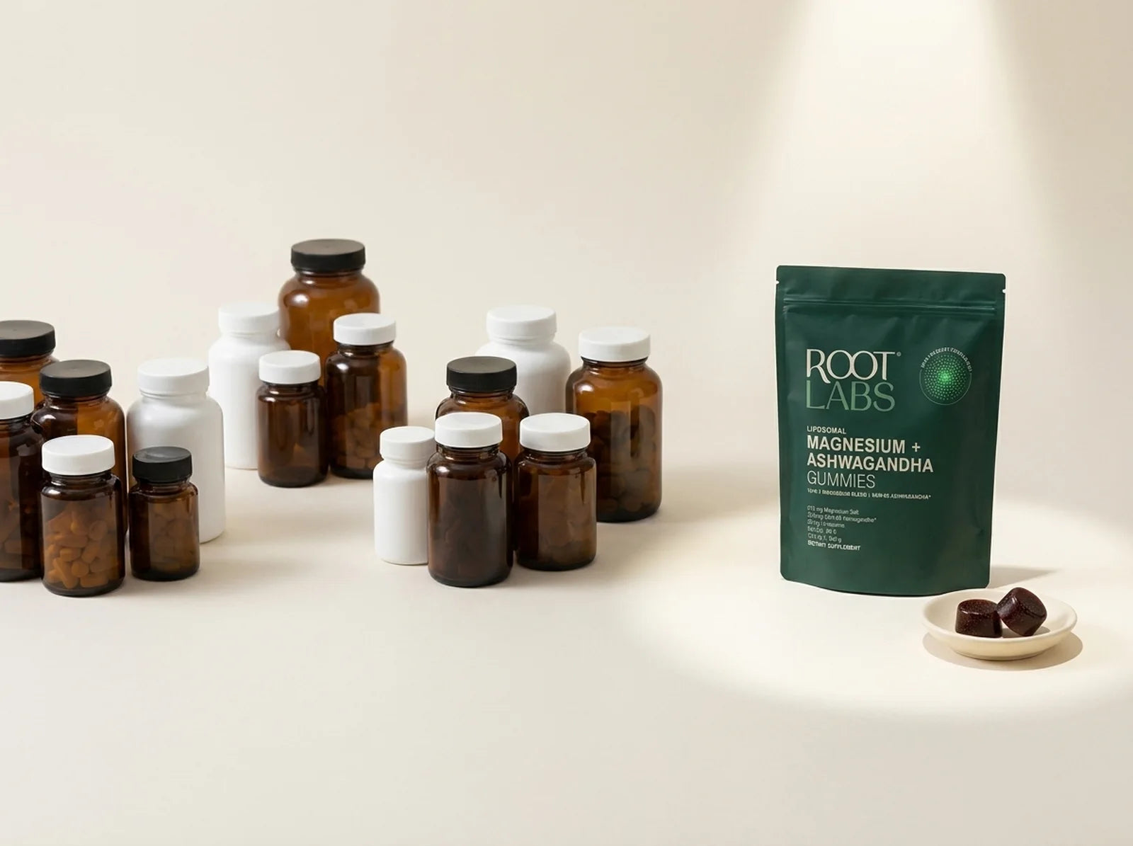 Several clusters of ordinary supplement bottles beside a single Root Labs AshwaMag pouch and two gummies - one gummy replaces the whole stack