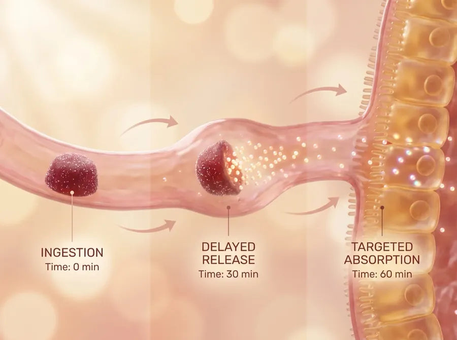 Macro render of a translucent berry AshwaMag gummy showing visible liposomal beadlets - the delivery system that survives stomach acid and releases in the intestine