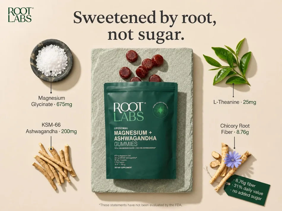 AshwaMag ingredient breakdown: magnesium glycinate, KSM-66 ashwagandha, L-theanine, and chicory root fiber, sweetened by root not sugar