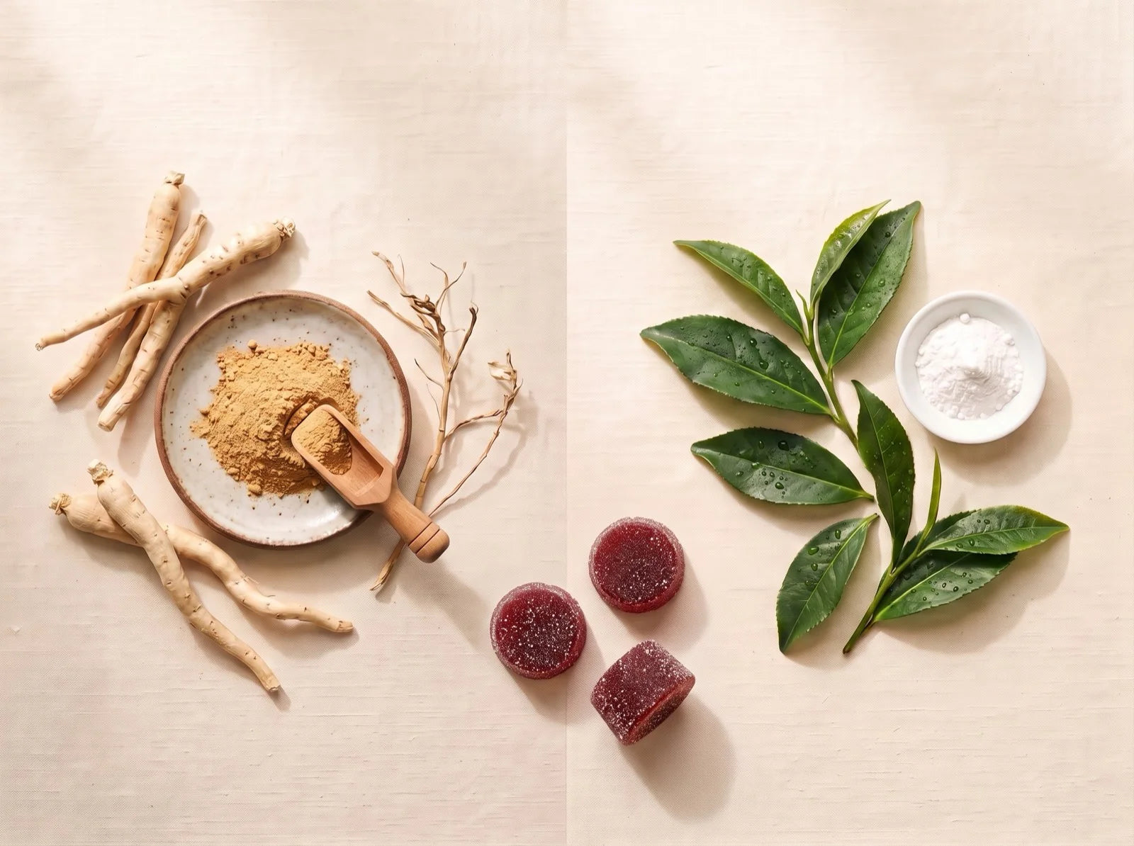Overhead editorial still life: ashwagandha roots and KSM-66 powder on a ceramic plate on the left, fresh green tea leaves and L-theanine powder on the right, three berry AshwaMag gummies bridging the two ingredients - three actives, one gummy