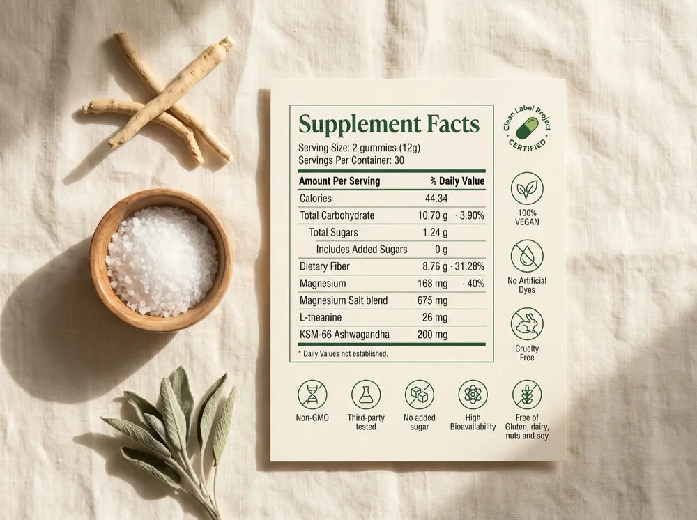 Supplement facts label: 2 gummies per serving, 168mg magnesium, 26mg L-theanine, 200mg KSM-66 ashwagandha, non-GMO, third-party tested, no added sugar