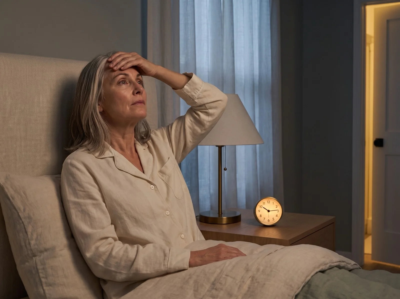 Woman in her late 50s sitting up in bed in the middle of the night, hand resting on her forehead - the 3 AM cortisol wake-up that hormone decline creates in women after 45