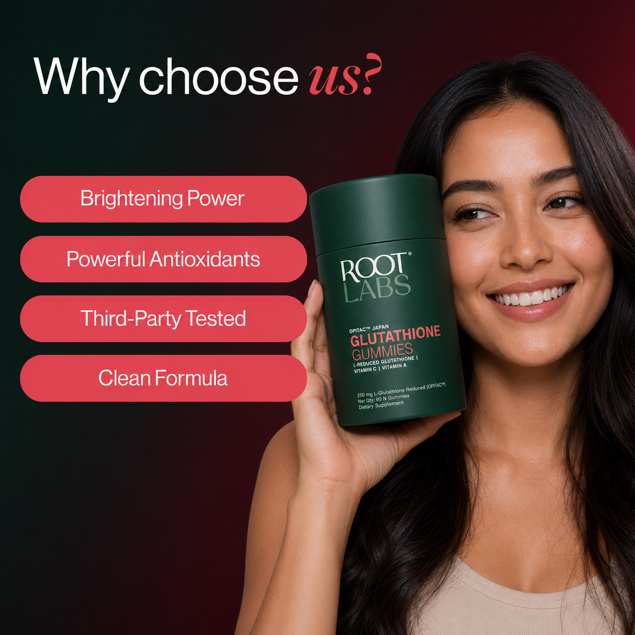 Why choose us — Brightening Power, Powerful Antioxidants, Third-Party Tested, Clean Formula