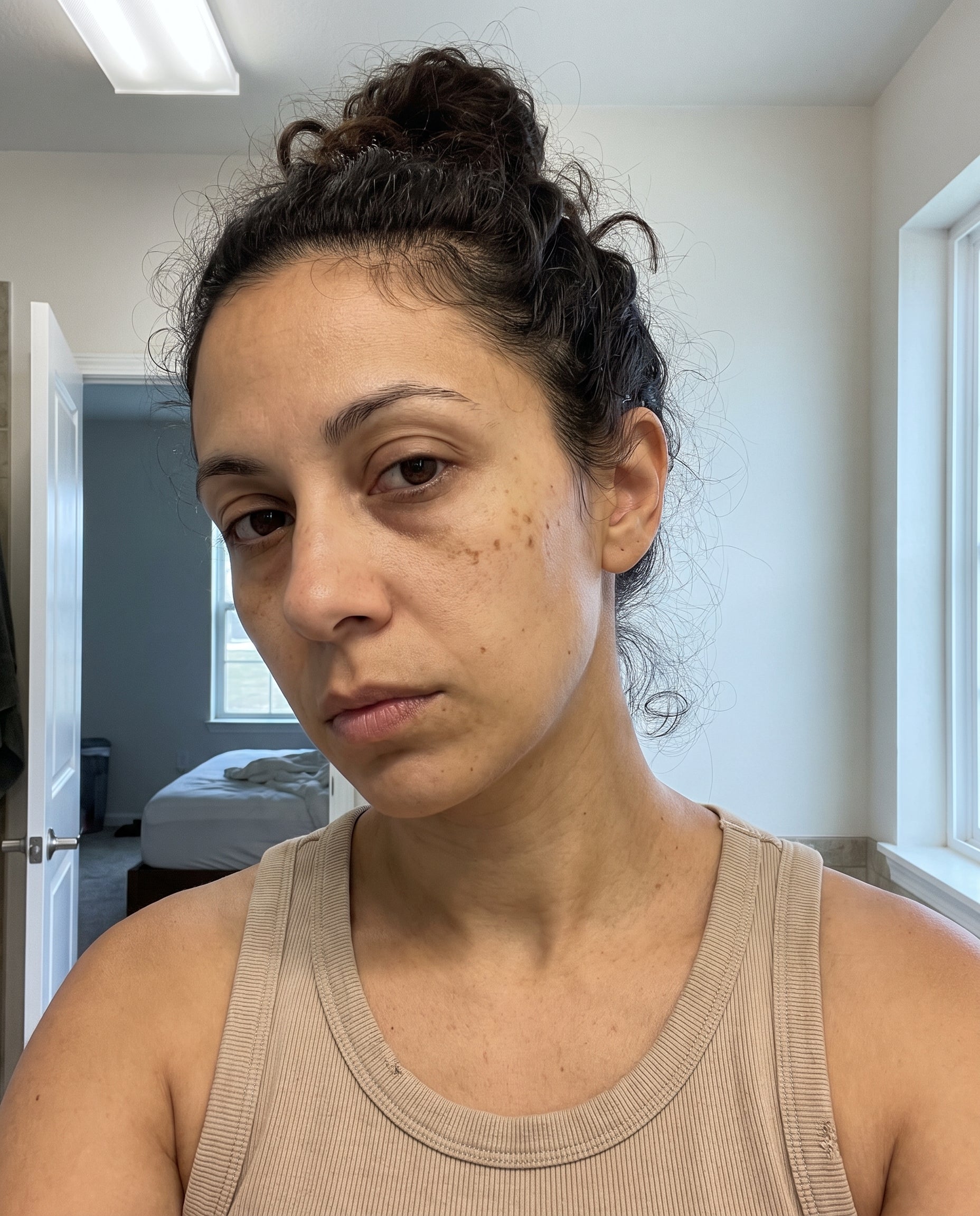 Day 1 — tired-looking baseline before starting the routine