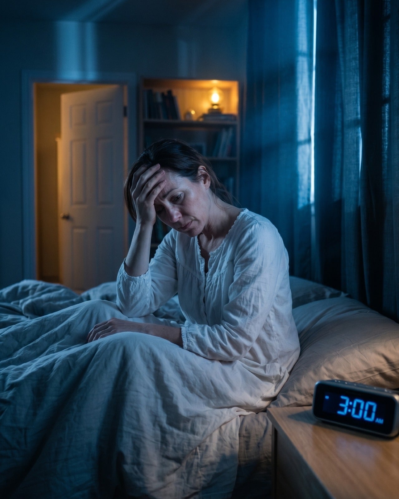 Menopausal woman in white nightgown sitting on the edge of her bed at 3 AM, head in hand, unable to sleep — the 3 AM cortisol-magnesium wake-up cycle