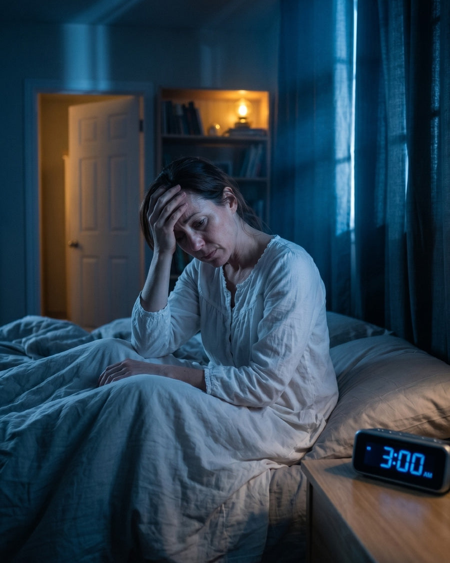Menopausal woman in white nightgown sitting on the edge of her bed at 3 AM, head in hand, unable to sleep — the 3 AM cortisol-magnesium wake-up cycle