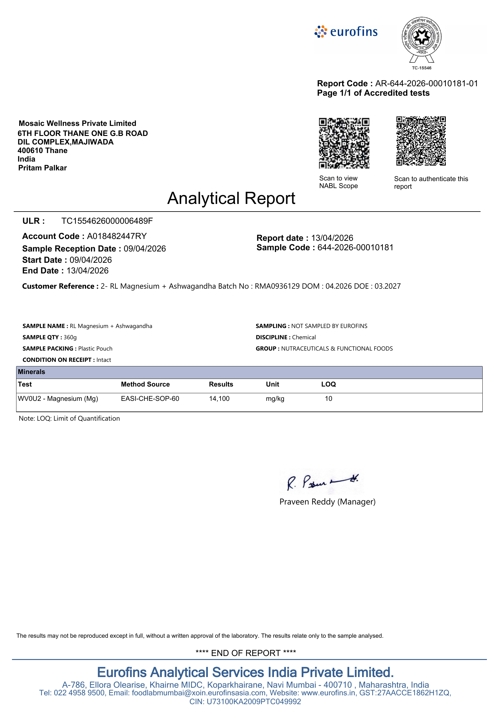 Eurofins Certificate of Analysis