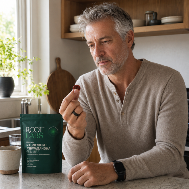 Man at his kitchen counter examining a Root Labs Magnesium + Ashwagandha gummy, with the Root Labs pouch on the counter