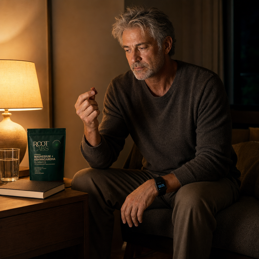 Man in his 50s taking the Root Labs gummy at 10:30 PM as part of his nightly ritual