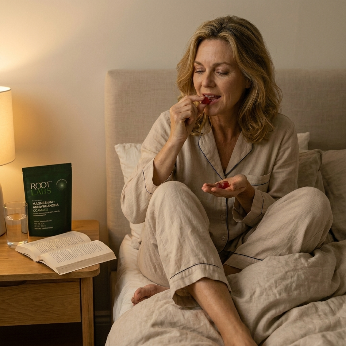 Woman taking the Root Labs gummy at 10:30 PM as part of her nightly ritual