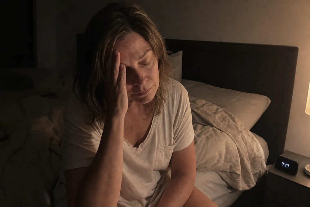 Menopausal woman awake at 3:11 AM, hand to forehead, unable to sleep